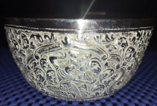 TWO VINTAGE VIETNAMESE BUDDHIST TEMPLE ENGRAVE SCENES SILVER PLATED BOWLS