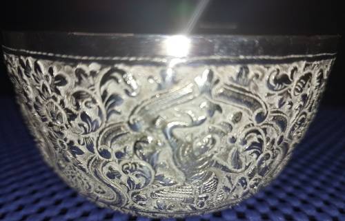 TWO VINTAGE VIETNAMESE BUDDHIST TEMPLE ENGRAVE SCENES SILVER PLATED BOWLS