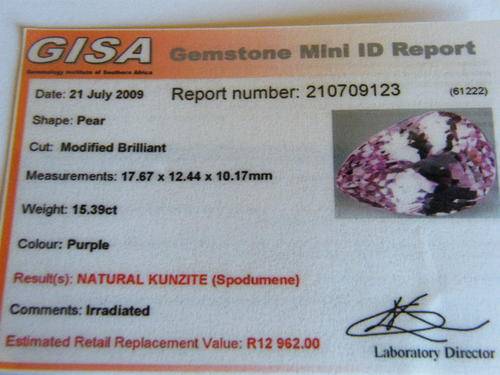 LATE LISTING. A GISA CERTIFIED pear SHAPE 15.39 ct MODIFIED BRILLIANT CUT NATURAL KUNZITE.