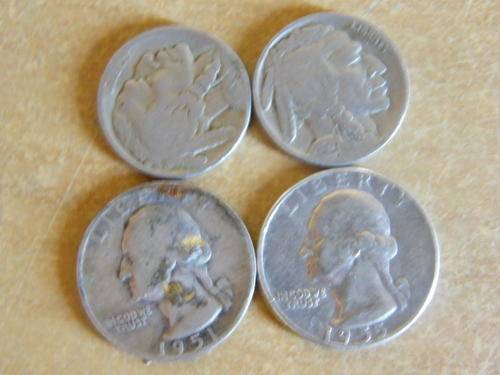 A LOT OF 4 OLD USA COINS.1926,1927 5c COINS AND SILVER 1951 AND 1955 QUARTER DOLLARS.