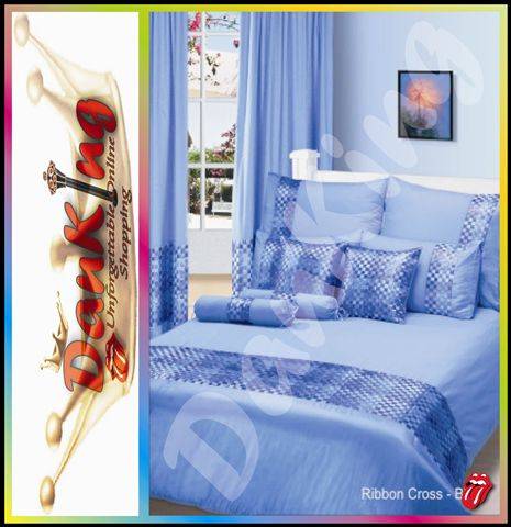 Exclusive Embroided Double or Queen Bed Linen - Ribbon Cross Blue Creation