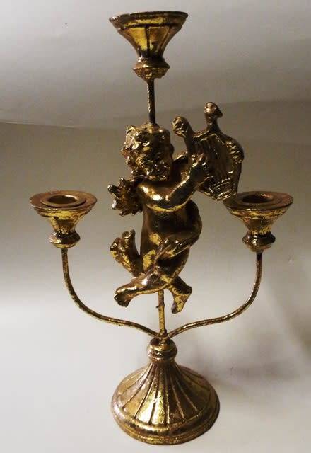 BRANCHED CANDLE HOLDER WITH CHERUB PLAYING HARP