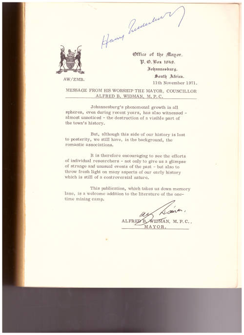 DOWN MEMORY LANE: VIGNETTES OF EARLY JOHANNESBURG *SIGNED*