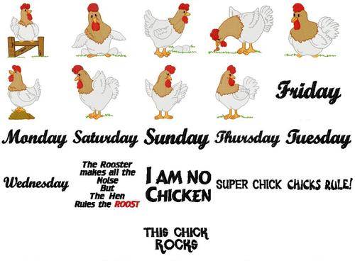 MACHINE EMBROIDERY DESIGN SET - CHICKENS (9 PICTURES, 12 TEXT DESIGNS IN THE SET)