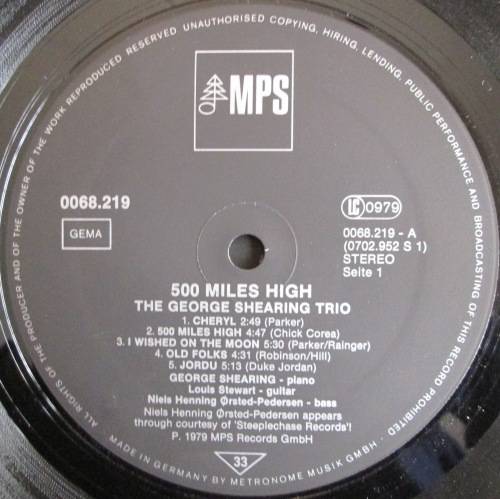 THE GEORGE SHEARING TRIO - 500 MILES HIGH (LP/VINYL)