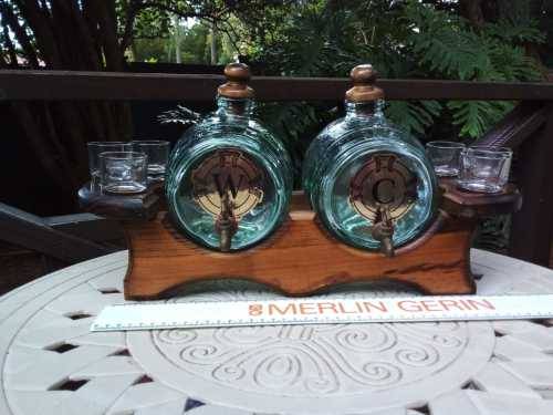 Beautiful Vintage Green Glass Keg barrels with Oak Wood stand and 6 shot glasses Brass Spout
