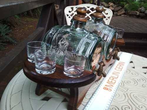 Beautiful Vintage Green Glass Keg barrels with Oak Wood stand and 6 shot glasses Brass Spout