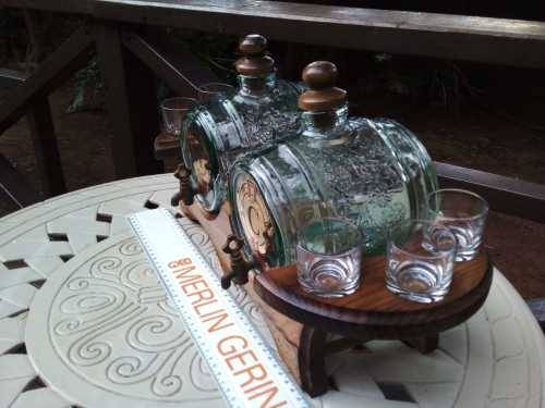 Beautiful Vintage Green Glass Keg barrels with Oak Wood stand and 6 shot glasses Brass Spout