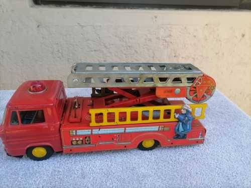 VINTAGE 1950`S FRICTION POWERED FIRE TRUCK - MASSIVE  - TIN TOY -  100% WORKING