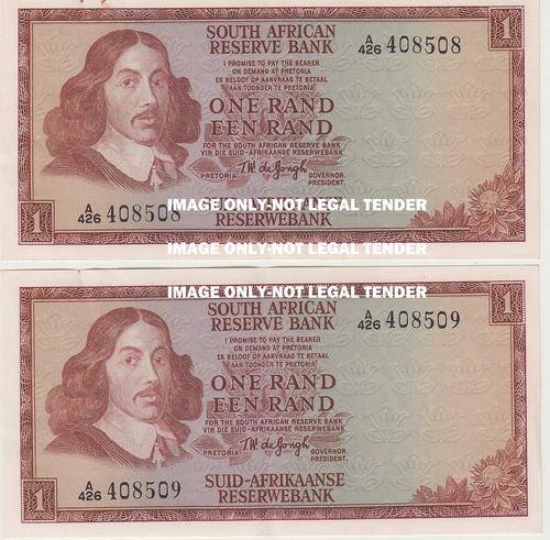 TW DE JONGH 2 X R1 NOTES 1ST ISSUE IN SEQUENCE  ENG/AFR  XF  - 1967