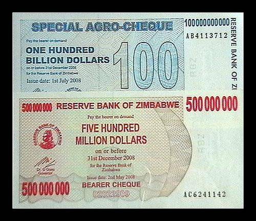 ZIMBABWE 100 BILLION DOLLAR + 500 MILLION DOLLAR BEARER CHEQUE