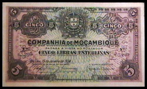 SCARCE  COMPANHIA DE MOZAMBIQUE 5 STERLING POUND-BEIRA 15 JANUARY 1934- XF