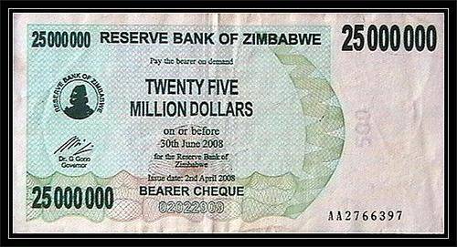 ZIMBABWE 25 MILLION DOLLAR BEARER CHEQUE 2ND APRIL 2008--VF