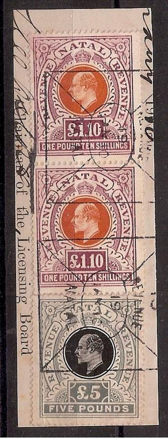 Natal 1908 KEVII 1P10s x2 and 5P used on piece