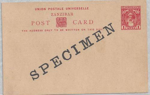 Zanzibar 1900 1a carmine postcard overprinted SPECIMEN