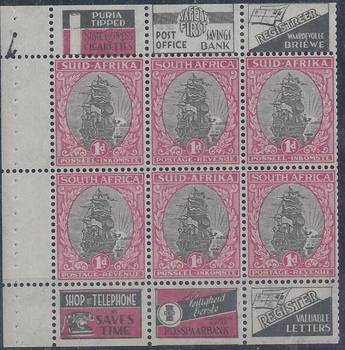 South Africa 1935 1d booklet pane of 6 ex B10 booklet, very fine unmounted mint