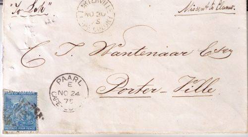 Cape of Good  1875 4d on cover from Paarl to Porterville