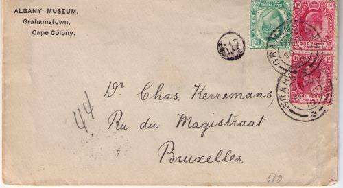 Cape of Good Hope 1910 KEVII Albany Museum cover to Brussells very fine