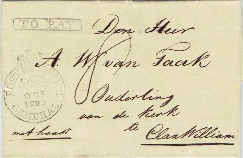Cape of Good Hope 1829 wrapper to Clanwilliam with Crowned circle and Post Paid cancellers very fine