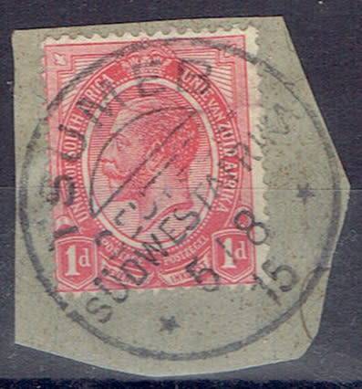 South West Africa  WWI SA Occupation KGV 1d coil on piece with Tsumeb with broken Deutsch