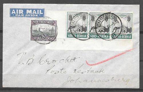 South Africa 1936 1 Jun SAA Airport Acceptance cover Johannesburg to Durban to Johannesburg