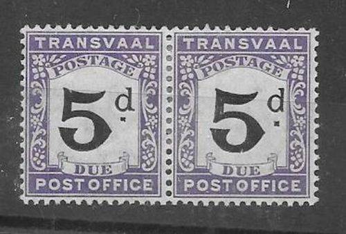 Transvaal 1907 Postage Due 5d pair with inverted P for d very fine mint