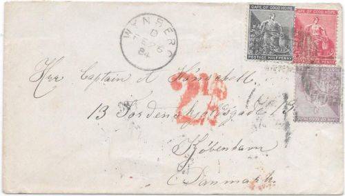 Cape of Good Hope 1884 1/2d and 1d and 6d on 3 colour franking cover Wynberg to Denmark very fine