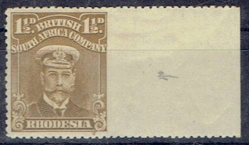 Rhodesia BSAC 1913/22 KGV Admiral 1 1/2d drab brown imperf to right gutter margin fine mint