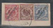 South West Africa 1899 50Pfg forerunner fine used on piece with 10Pfg and 20Pfg overprinted