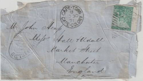 Cape of Good Hope 1871 1s green on Diamond Fields cover to England