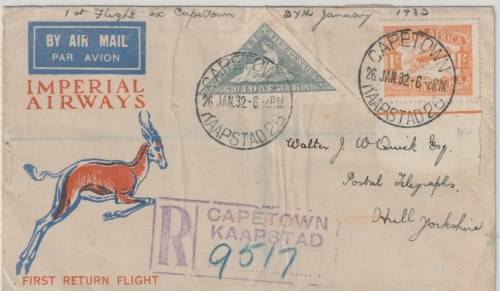 South Africa 1932 26 Jan Cape Town to UK 1st Flight airmail cover
