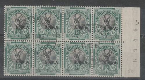 South West Africa 1930 Roto 1/2d sheet no block of 8 with overprint shifted to right very fine used