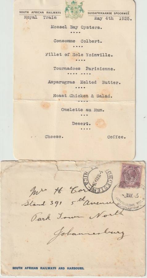 South Africa 1925 KGV 2d on Royal Tour cover with special cancel and menu