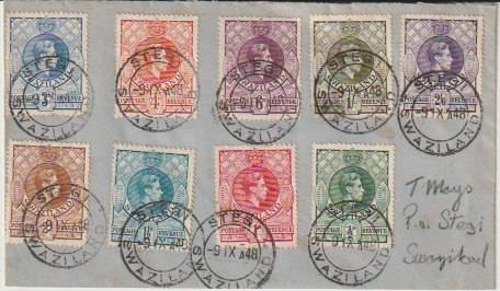 Swaziland 1948 KGVI Definitive values to 2/6 on Stegi cover fine used
