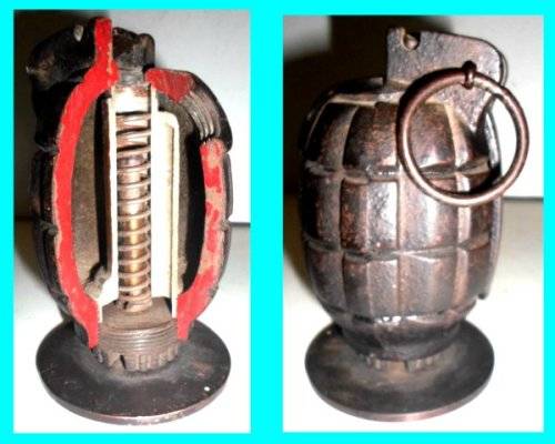Mills M36 Hand Grenade Training Model showing cutaway view.