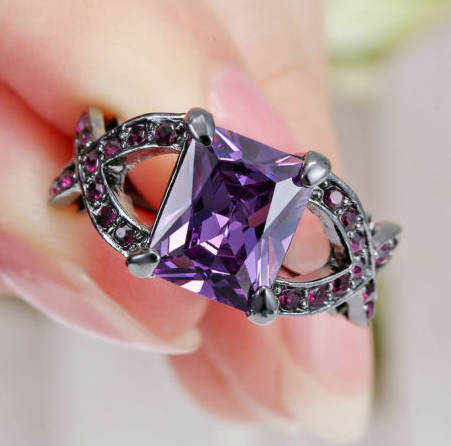 Flashy Purple Amethyst Crystals Set in 18ct Black Gold Imported Filled Ring