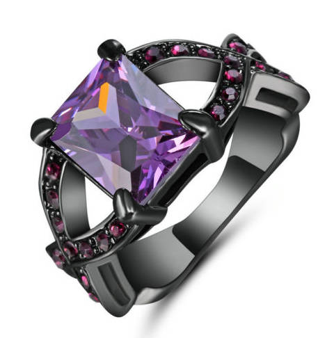 Flashy Purple Amethyst Crystals Set in 18ct Black Gold Imported Filled Ring