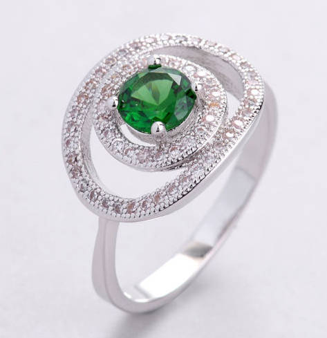 Sparkling Cr. White & Green Diamonds Set in 925 Sterling Silver Imported Filled Ring