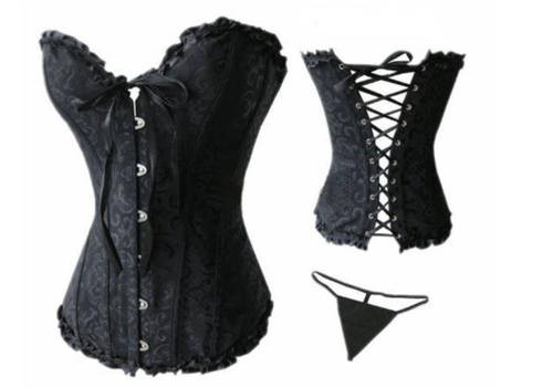 Sexy Corset Women Bone Black Lace Bustier Corset+G String Set