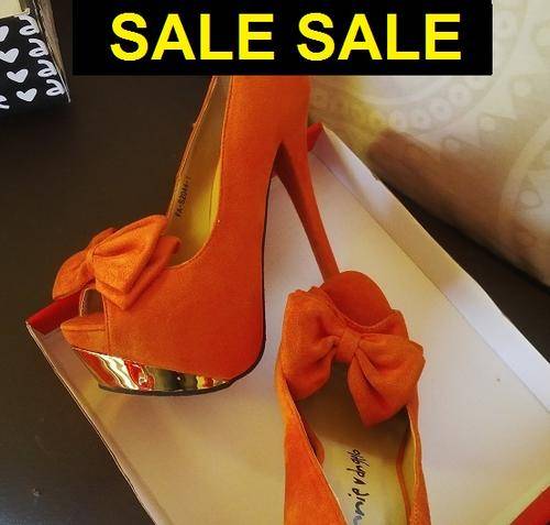 ORANGE SUEDE WITH GOLD PEEP TOE PLATFORMS
