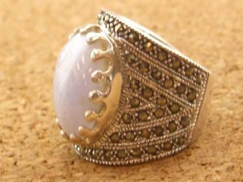 Lace Agate Marcasite 925 Solid Sterling Silver  HONKER Etched  Ring 7