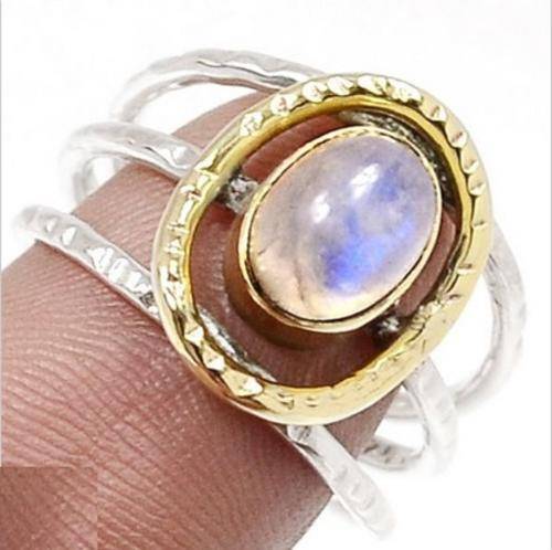 TWO TONE MOONSTONE 925 STERLING SILVER with 24ct Gold Vermeil  RING Size 8.5
