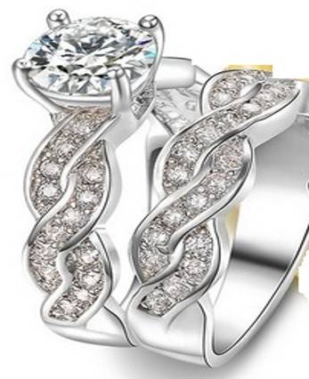 Unusual Princess Style 24ct Platinum Rolled Gold Cultured Diamond Wedding Set #Size 7