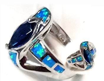 Sections of Blue Opal with Amethyst Centered in 925 Silver Ring #Size 7