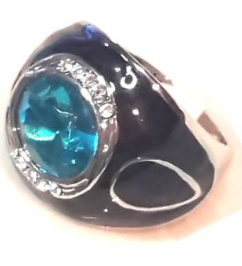Fascinating Handcrafted Blue Topaz Crystal Silver & Black Enamel Ring #Size 9