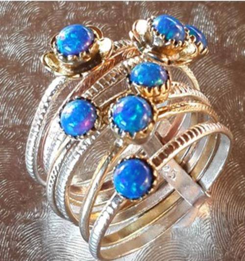 Fashionable And Attractive  925 SOLID Sterling Silver Detailed Blue Opal Stack Ring #Size 8