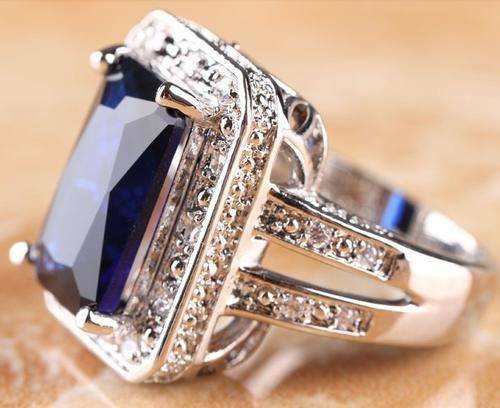 Charming Blue Memorial Sapphire Surrounded by White CZ in 925 Sterling Silver Ring #Size