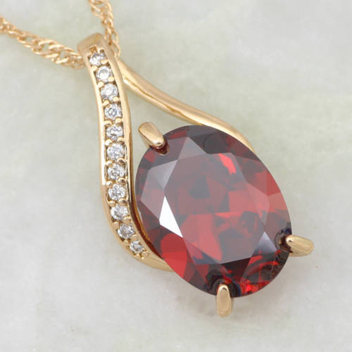 Cr. Pigeon Red Ruby Surrounded with White Diamond Crystals in 18ct Yellow Rolled Gold Pendant