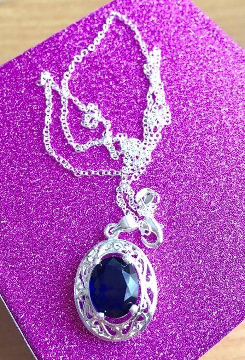 Baroque Blue Sapphire Set in 925 Sterling Silver Filled Pendant with Matching 925 Silver Chain