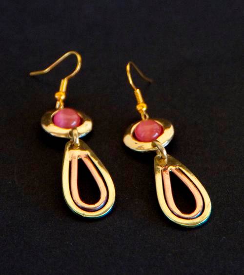 ONE OF A KIND BRASS EARRINGS: PINK CAT'S EYE GEMSTONES